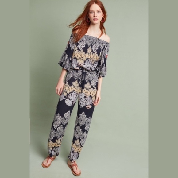Raga Anthropologie Jolie Off Shoulder Ruffled Smocked Jumpsuit Medium NWT - Picture 3 of 13